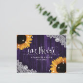 Rustieke Paarse Zonnebloem Lace Wedding Save The D Briefkaart (Staand voorkant)