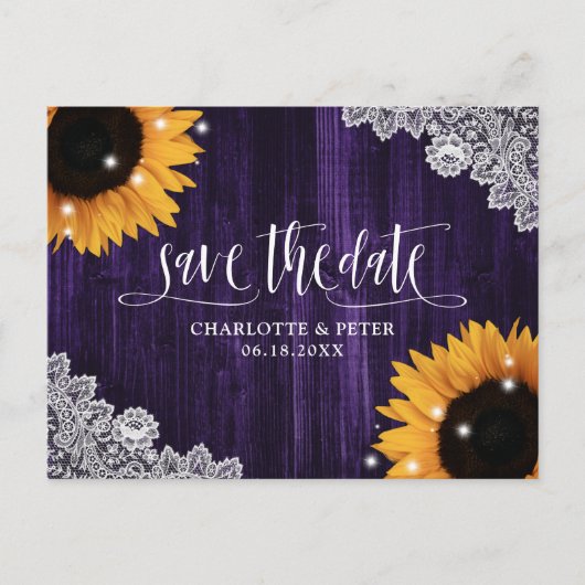 Rustieke Paarse Zonnebloem Lace Wedding Save The D Briefkaart (Voorkant)