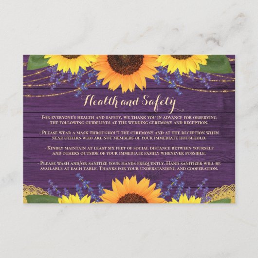 Rustieke Paarse Zonnebloemen Huwelijk Gezondheid e Informatiekaartje (Voorkant)