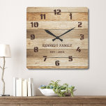 Rustieke Pallet Hout Familienaam Boerderij Vierkante Klok<br><div class="desc">Eenvoudige rustieke houten boerderij wandklok gepersonaliseerd met familienaam en gevestigd jaar. Maakt een doordacht geschenk voor housewarming,  feestdagen en bruiloften.</div>