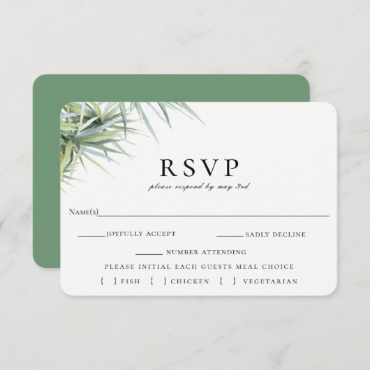 Rustieke Palm Leaf Bruiloft RSVP Maaltijd Keuze Ka (Voorkant / Achterkant)