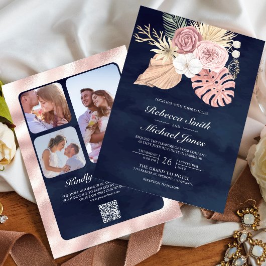 Rustieke Palm Stof Roze Rozen Marine QR Code Trouw Kaart