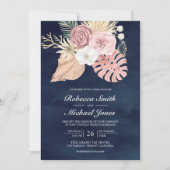 Rustieke Palm Stof Roze Rozen Marine QR Code Trouw Kaart (Voorkant)