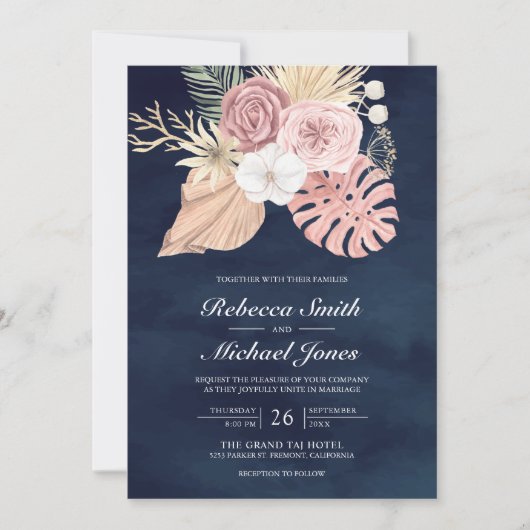 Rustieke Palm Stof Roze Rozen Marine QR Code Trouw Kaart (Voorkant)