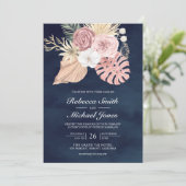 Rustieke Palm Stof Roze Rozen Marine QR Code Trouw Kaart (Staand voorkant)