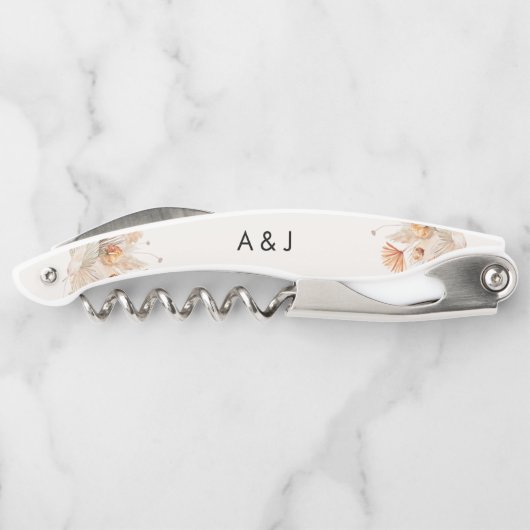 Rustieke pampasgras bloemige trouwdag kurkentrekker (Achterkant)