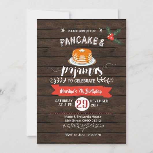 Rustieke pannenkoek en pyjama verjaardagsuitnodigi kaart (Voorkant)
