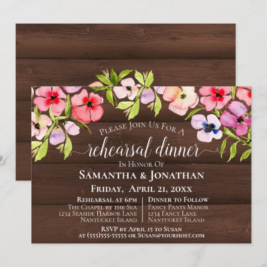 Rustieke Pansies op Hout Huwelijksrepetitie & Dine Kaart (Voorkant / Achterkant)