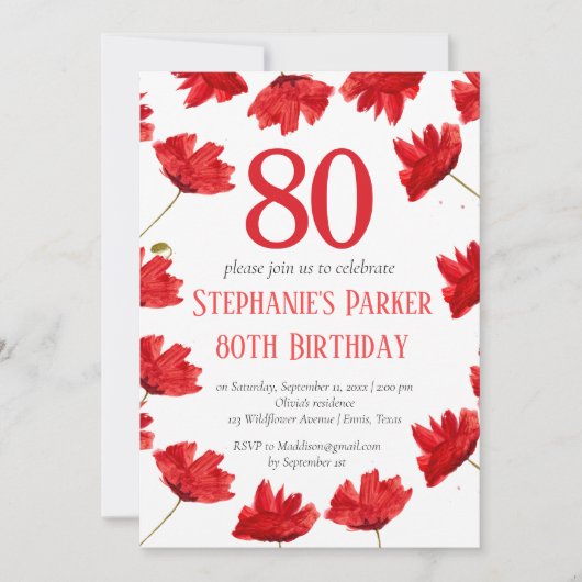 Rustieke papaver 80e verjaardag Wildflower Red Flo Kaart (Voorkant)