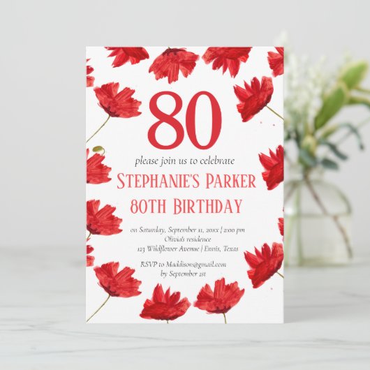 Rustieke papaver 80e verjaardag Wildflower Red Flo Kaart (Staand voorkant)