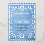 Rustieke Papel Picado Blauw Zilver Quinceañera Folie Uitnodiging (Voorkant)