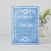 Rustieke Papel Picado Blauw Zilver Quinceañera Folie Uitnodiging (Staand Voorkant)