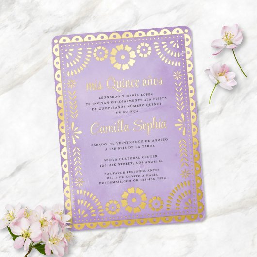 Rustieke Papel Picado Paarse gouden Quinceañera Folie Uitnodiging