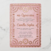 Rustieke Papel Picado Roze Rose Goud Quinceañera Folie Uitnodiging (Voorkant)