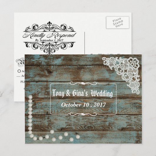 Rustieke Parels & Lace Wedding RSVP Uitnodiging Briefkaart (Voorkant / Achterkant)