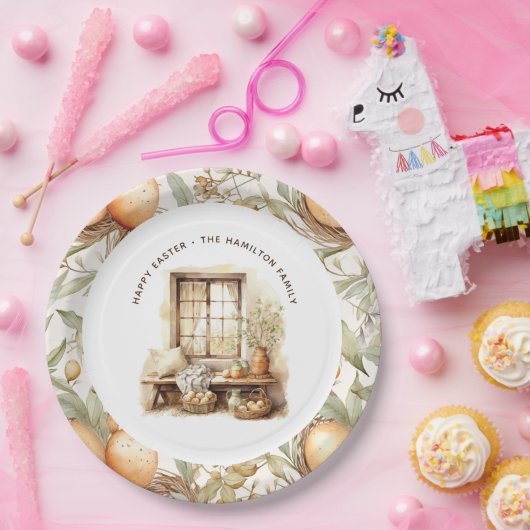 Rustieke Pasen Beige Gepersonaliseerde familienaam Papieren Bordje (Feest)