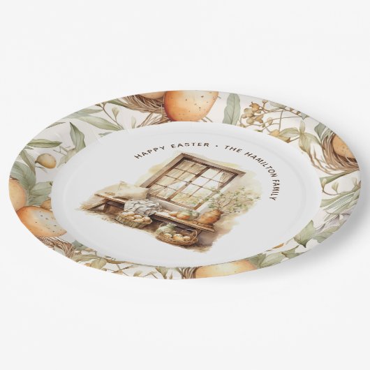 Rustieke Pasen Beige Gepersonaliseerde familienaam Papieren Bordje (Gekanteld)