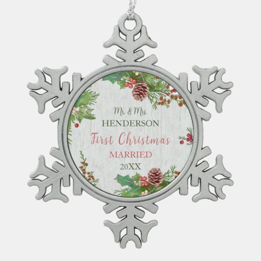 Rustieke Passen getrouwd 1st Christmas Milestone K Tin Sneeuwvlok Ornament (Voorkant)