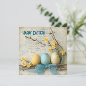 Rustieke Pastel blauwe en gele Paaseieren retro Feestdagenkaart (Staand voorkant)
