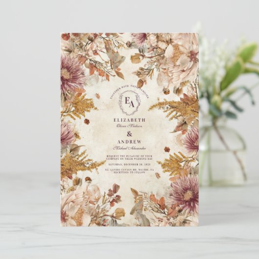 Rustieke pastel botanische bruiloft kaart (Staand voorkant)