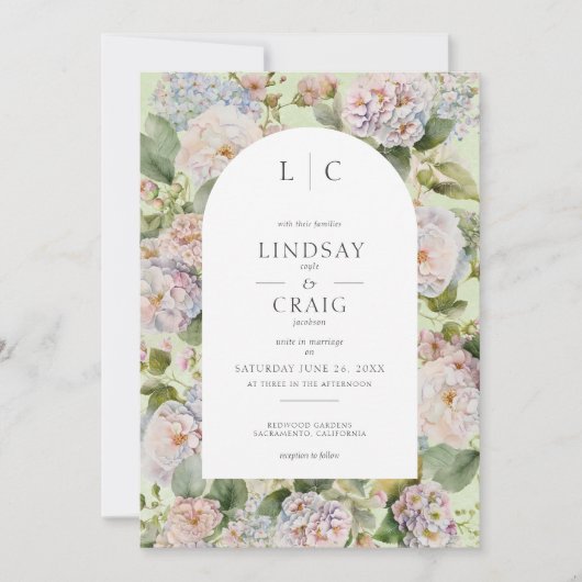 Rustieke Pastel Hydrangea Floral Monogram Sage Gro Kaart (Voorkant)