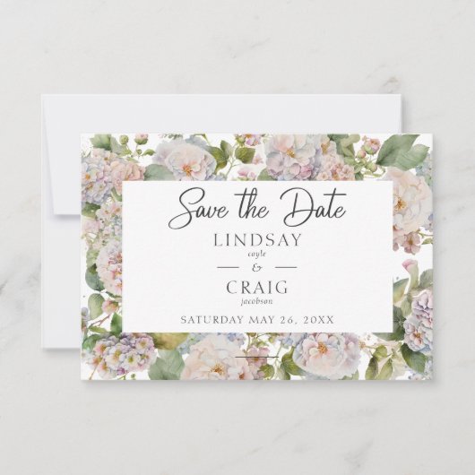 Rustieke Pastel Hydrangea Floral Monogram Wit Save The Date (Voorkant)