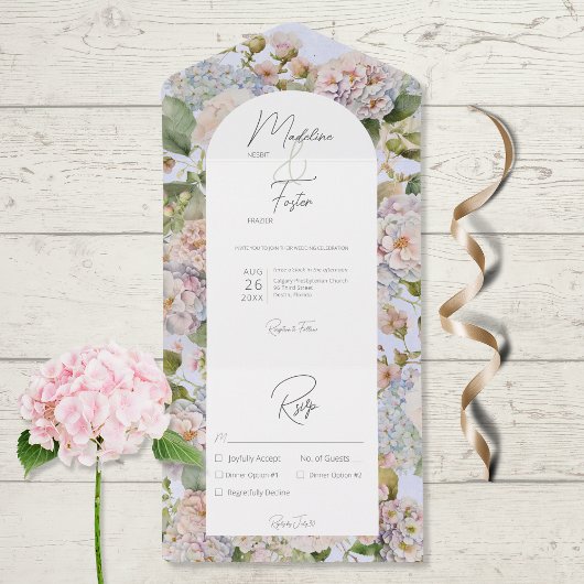 Rustieke Pastel Hydrangeas Periwinkle Arch Diner All In One Uitnodiging