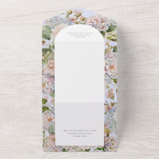 Rustieke Pastel Hydrangeas Periwinkle Arch QR Code All In One Uitnodiging (Buitenkant)