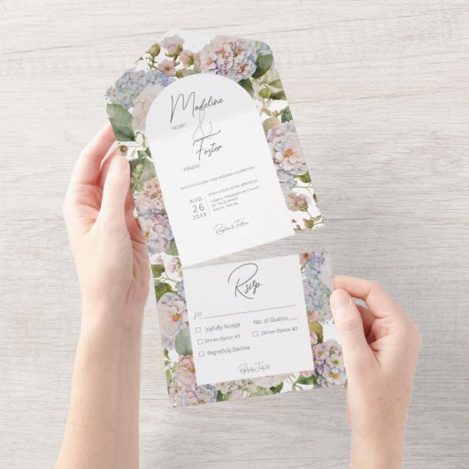Rustieke Pastel Hydrangeas Witte Boog Diner All In One Uitnodiging (Afscheurbaar)