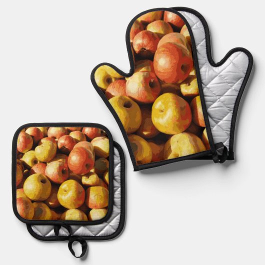 Rustieke Pastel Kleurrijke Herfst Apple Orchard Oo Ovenwant & Pannenlap Set (Voorkant / Achterkant)