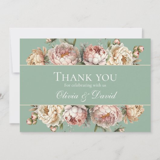 Rustieke Pastel Sage Groene Blush Roze Pioen Bruil Bedankkaart (Voorkant)