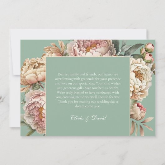 Rustieke Pastel Sage Groene Blush Roze Pioen Bruil Bedankkaart (Achterkant)