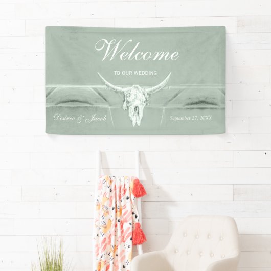 Rustieke Pastel Sage Groene Westerne Koe Schedel W Spandoek (Insitu)