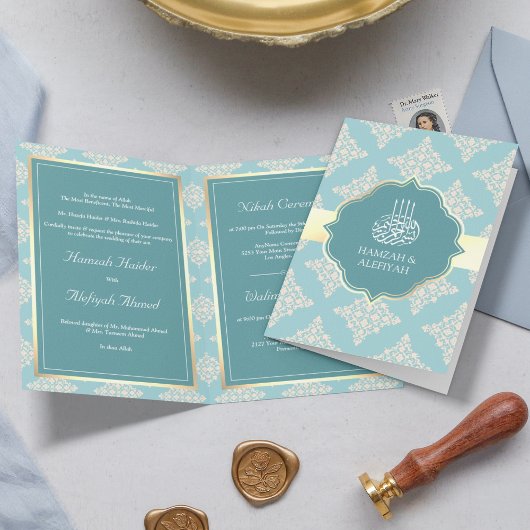 Rustieke Pastel Turquoise Crème Damast Moslim Brui