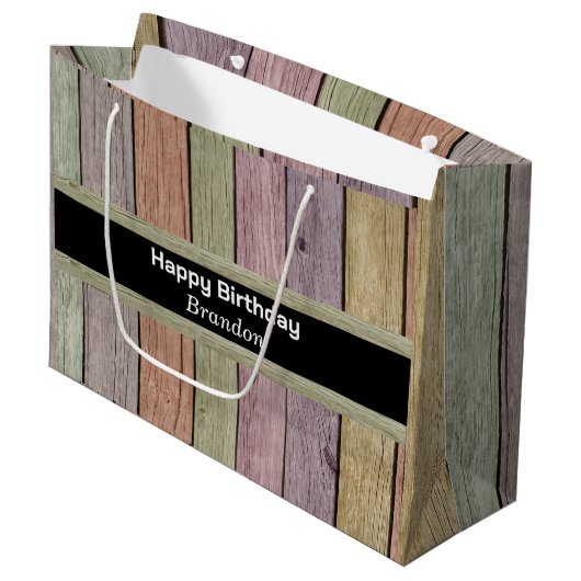 Rustieke Pastel Wood Plank Happy Birthday Groot Cadeauzakje (Voorkant Gekanteld)