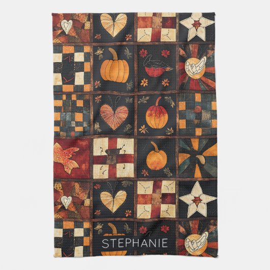 Rustieke patchwork | Folk Art Autumn Quilt patroon Theedoek (Verticaal)