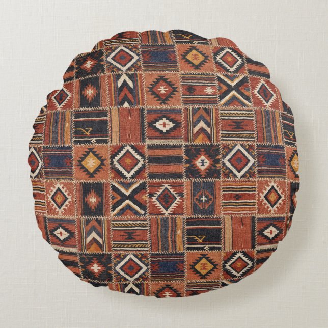 Rustieke Patchwork Kilim Geometrische Wandtapijten Rond Kussen (Voorkant)