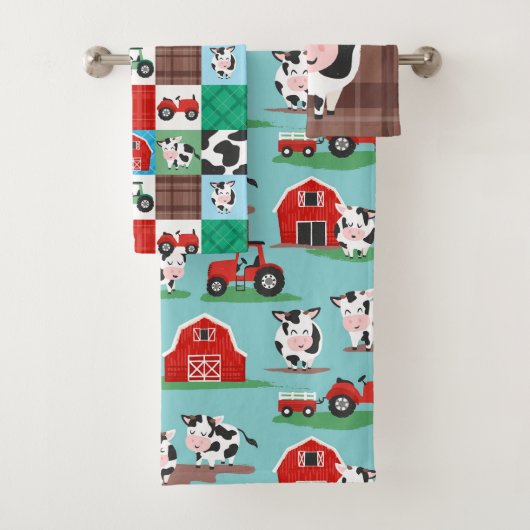 Rustieke patchwork koeienboerderij blauw en rood bad handdoek (Insitu)