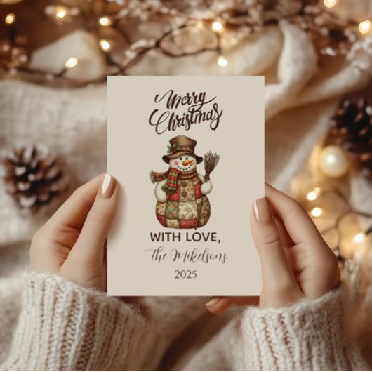 Rustieke Patchwork Sneeuwman Kerst Feestdagenkaart