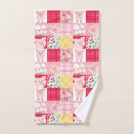 Rustieke Patchwork Varken Bloemen Boerderij Roze K Bad Handdoek (Handdoek)