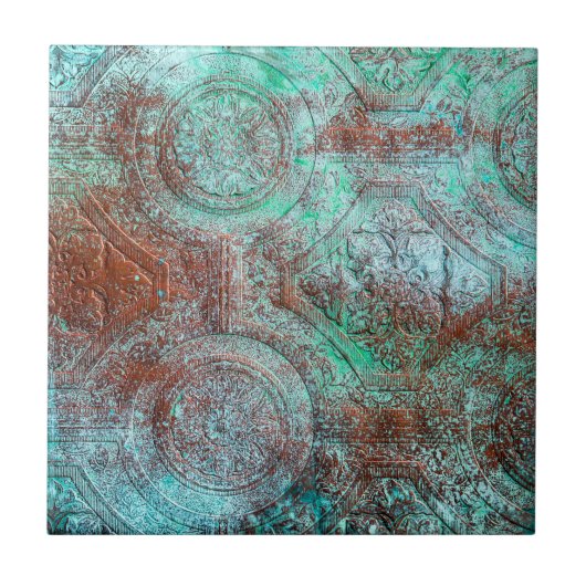 Rustieke patina koper met turquoise  tegeltje (Voorkant)