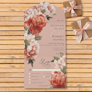 Rustieke Peach & Rust Pioenen op Peach Dinner All In One Uitnodiging
