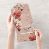 Rustieke Peach & Rust Pioenen op Peach Dinner All In One Uitnodiging (Afscheurbaar)