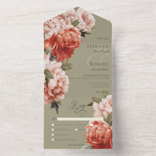 Rustieke Peach & Rust Pioenen op Sage Dinner All In One Uitnodiging (Binnen)