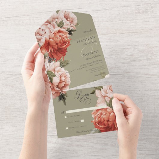 Rustieke Peach & Rust Pioenrozen op Sage Geen Dine All In One Uitnodiging (Afscheurbaar)