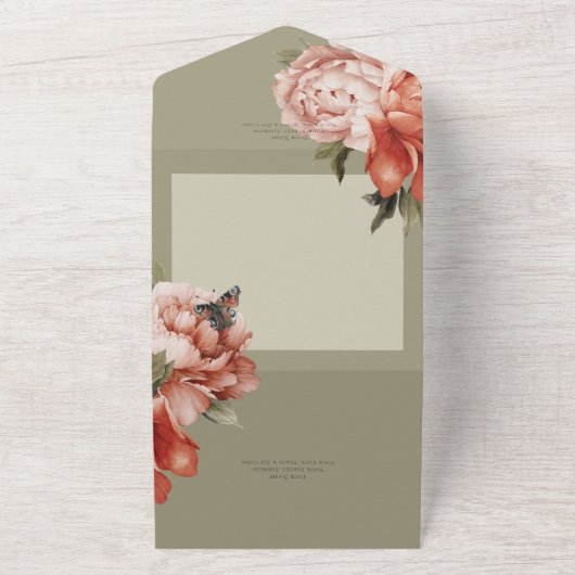 Rustieke Peach & Rust Pioenrozen op Sage QR Code All In One Uitnodiging (Buitenkant)