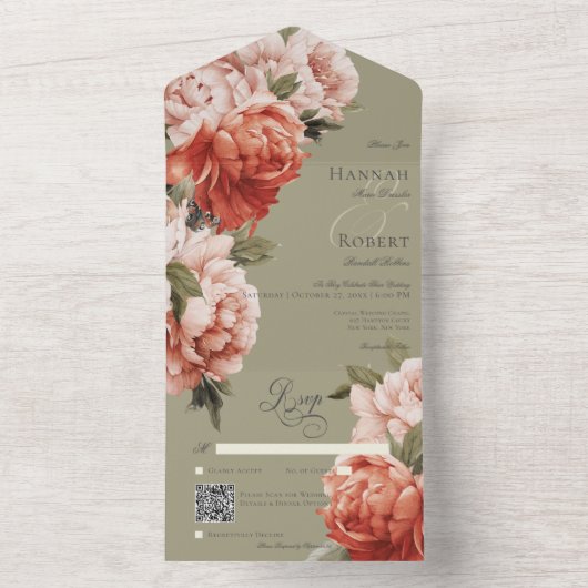 Rustieke Peach & Rust Pioenrozen op Sage QR Code All In One Uitnodiging (Binnen)