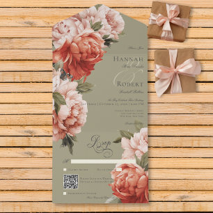 Rustieke Peach & Rust Pioenrozen op Sage QR Code All In One Uitnodiging