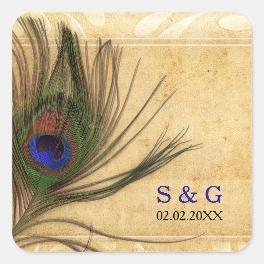 Rustieke Peacock Feather bruiloft gunsten stickers (Voorkant)