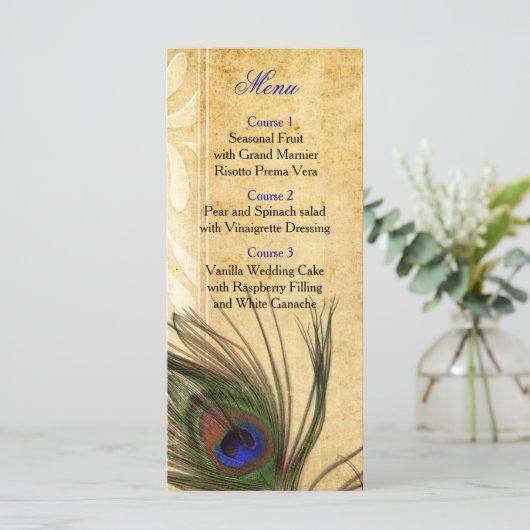 Rustieke Peacock Feather bruiloft menu (Staand voorkant)